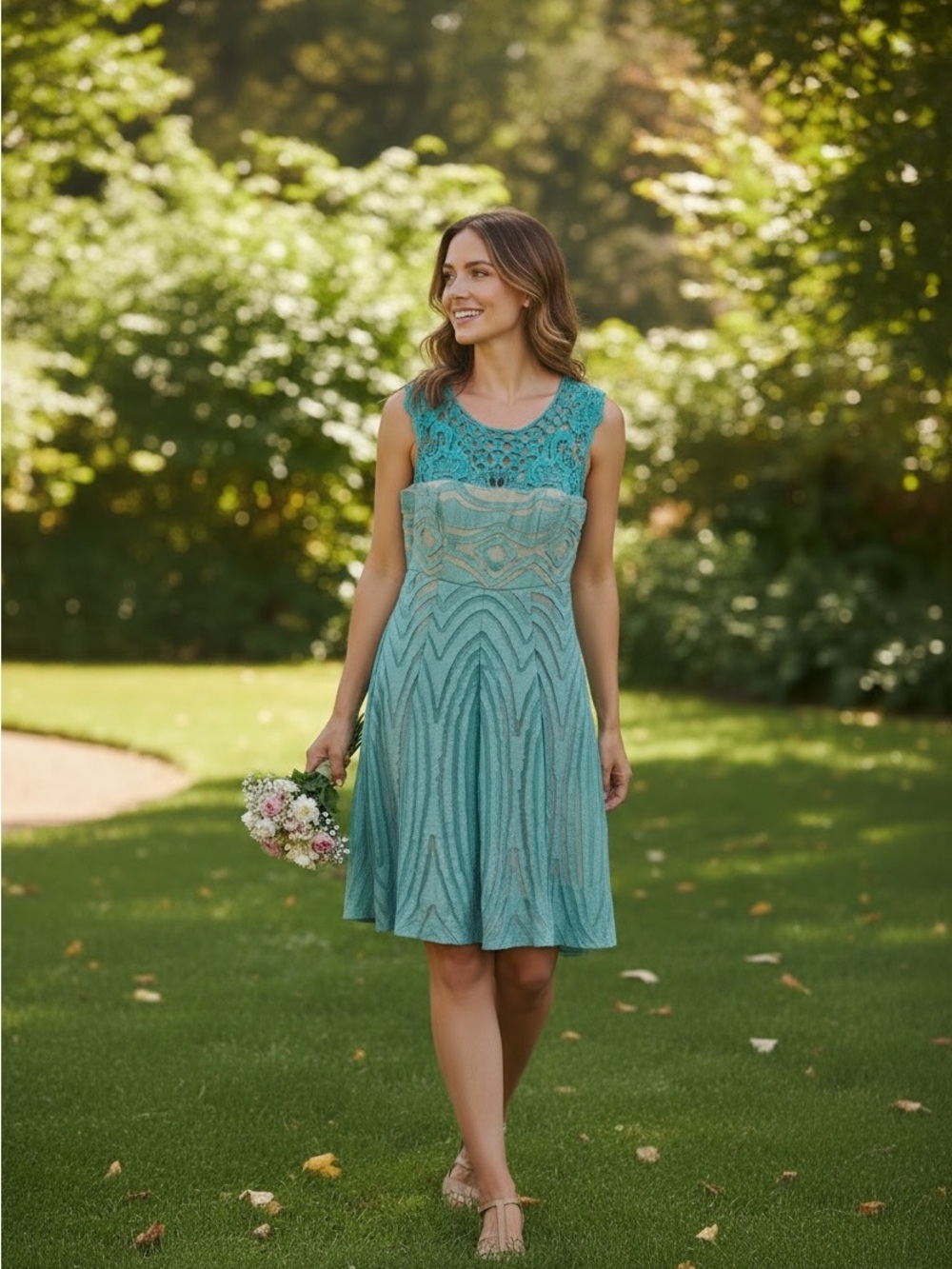 Tracy Reese Teal Lace Linen Blend Fit & Flare Cocktail Dress Size 4